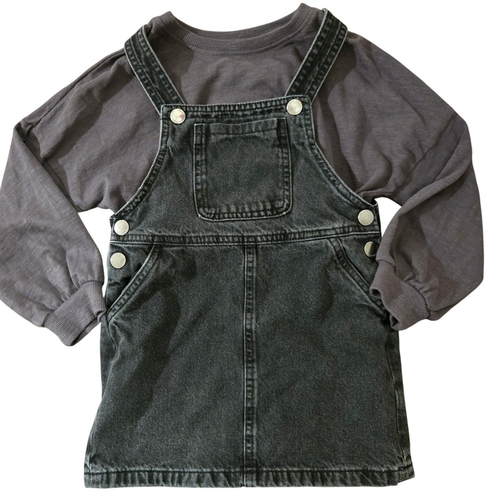 Next Kids Black Denim Pinafore Dress and Charcoal Grey Sweatshirt Set 3-5Y
